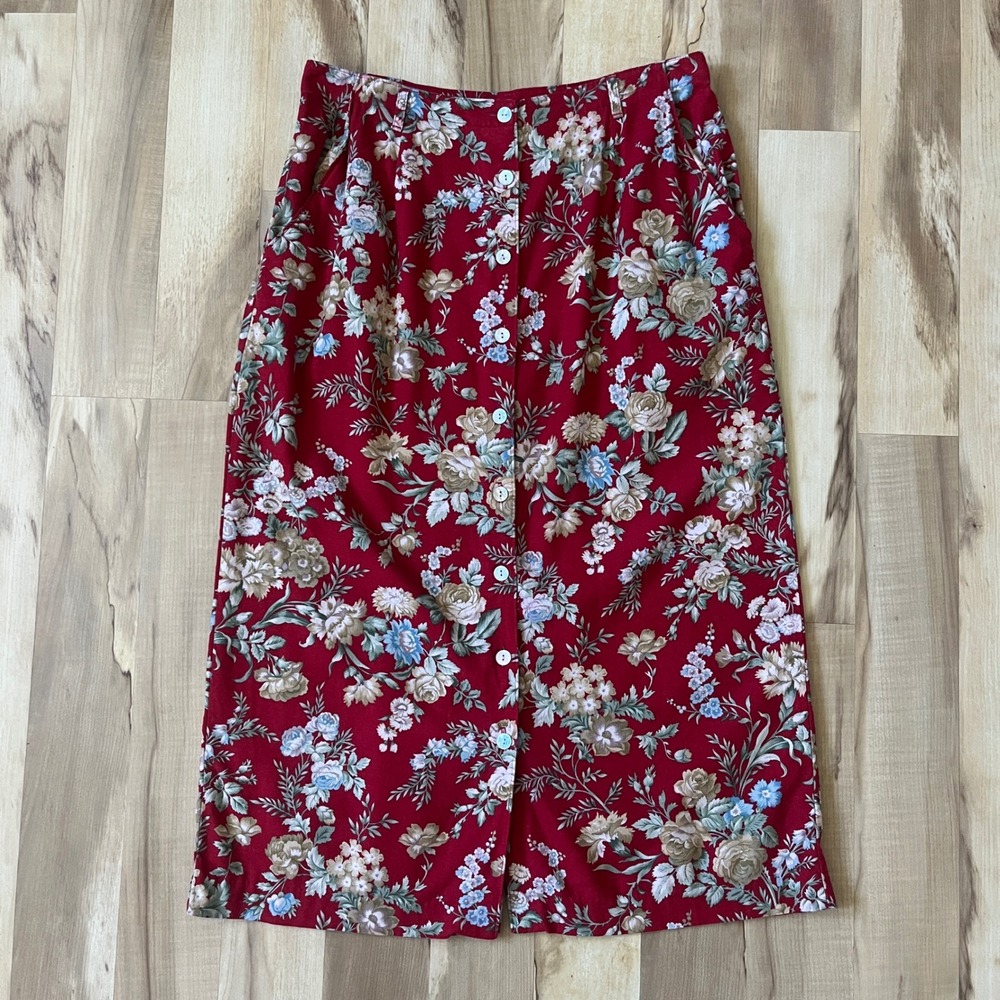 Vintage Orvis Skirt Women's 16 Red Floral Linen Blend Country Cottage 90s Midi